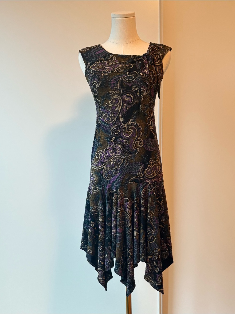 John Ashford Black, Brown and Purple Paisley Asymmetrical Handkerchief Hem Dress